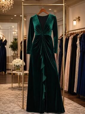 Aidan Mattox Spruce Green Velvet Long Sleeve Twist Front Ruffle Formal Gown Chic